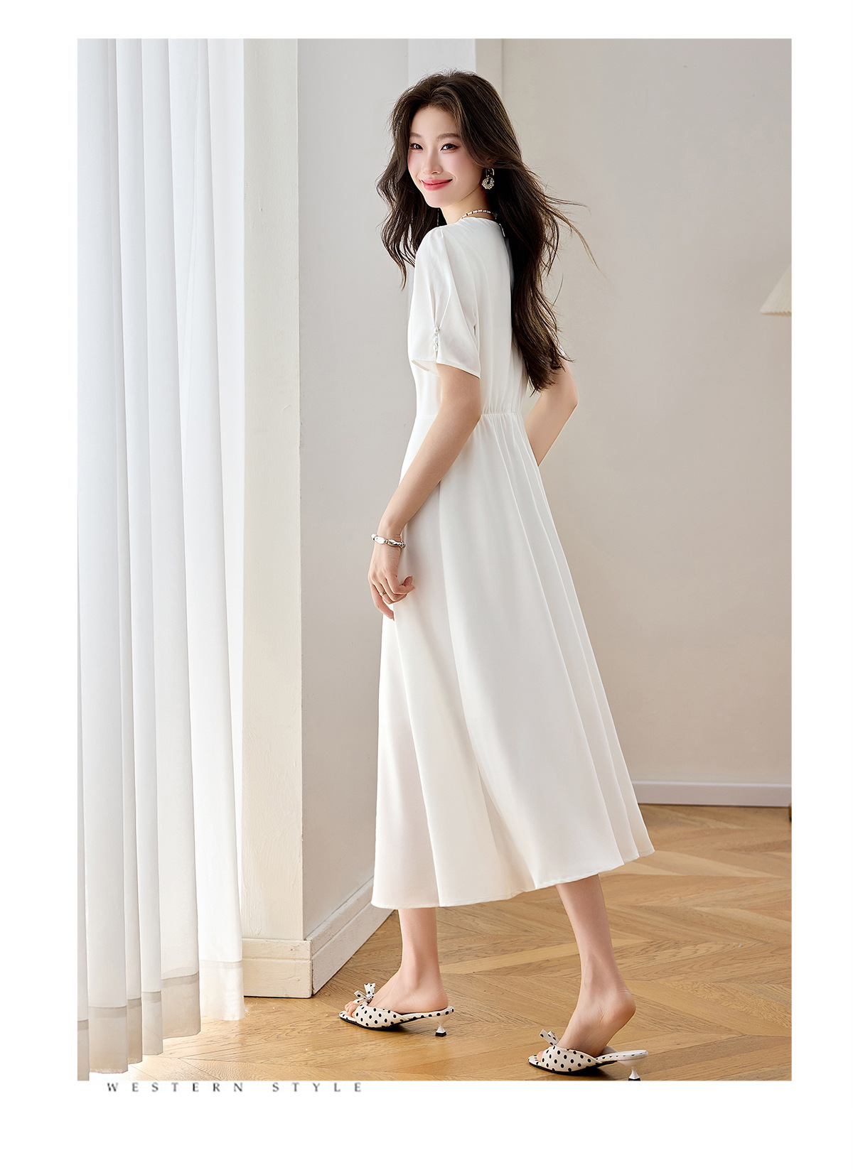 Đầm maxi nữ thắt eo cổ V dáng dài phối màu trơn — màu xanh đậm, màu tím, màu trắng chi tiết 11
