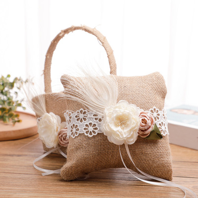 square Flax Ring Pillow Western wedding Trapezoid Flower girl Sahua portable Flower basket suit new pattern white Bud Ring care