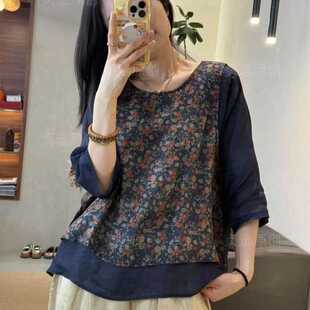 Fake Two-Piece Ethnic Style Loose and Versatile Women's New Style Buckle Splicing Floral Mid-Sleeve Casual Loose Top