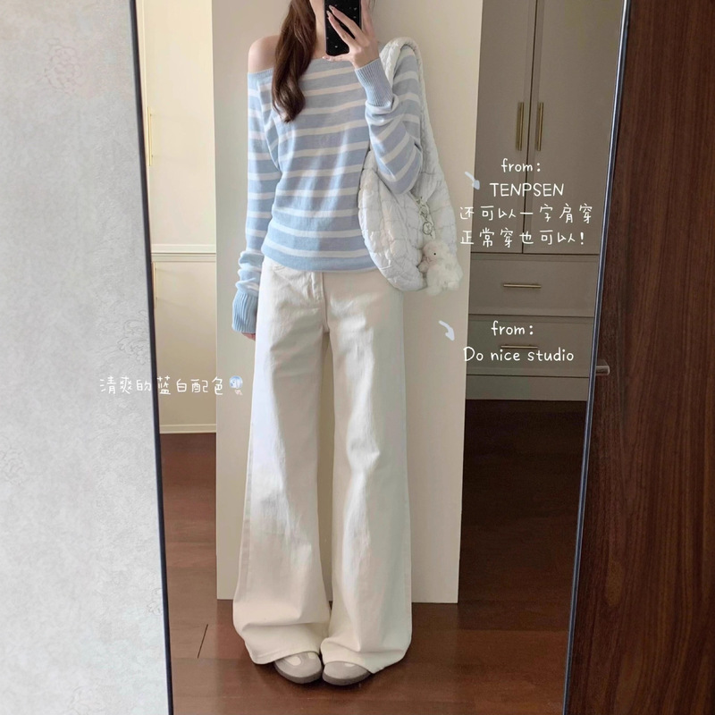 White Straight-Leg Jeans for Women, Summer and Spring Season, Wide-Leg Loose Fit, Slimming High-Waisted Pants for Women