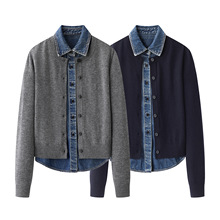 2025冬季新品女装通勤牛仔衬衫拼接假两件针织开衫毛衣 4CAR052