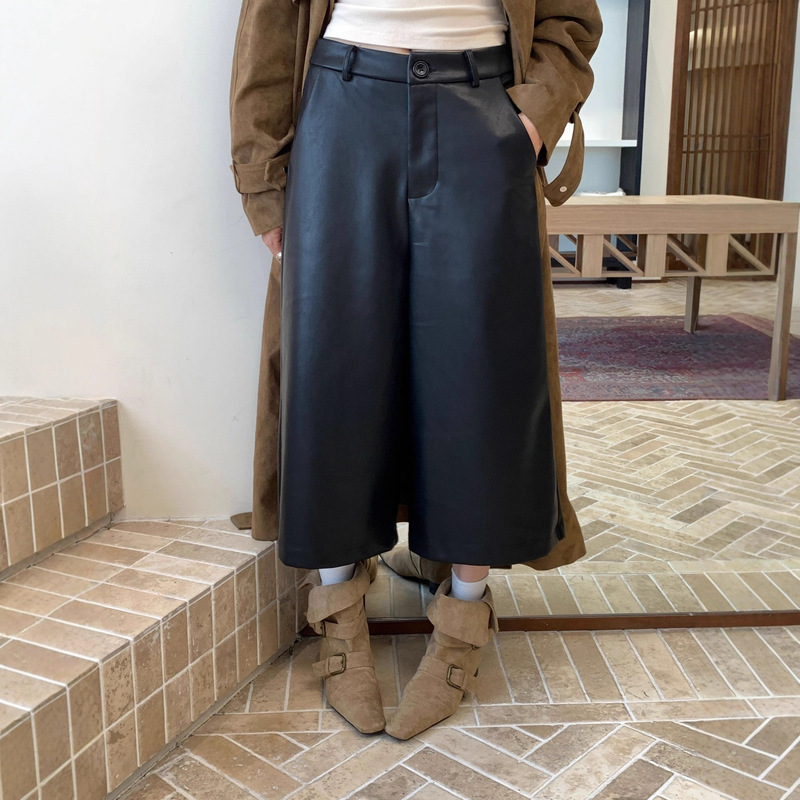 Black Pu Leather Cropped Pants Slimming Zipper Casual Matte Pocket Loose Straight Wide-Leg Floor-Length Pants