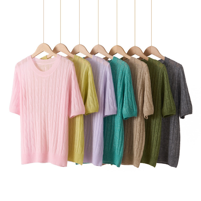 Summer New Style Women's Round-Neck Silk Cashmere Blend Half-Sleeve T-Shirt, Lightweight and Breathable, with Five-Quarter Sleeves, Suitable as an Inner Layer Summer New Style Women's Round-Neck Silk Cashmere Blend Half-Sleeve T-Shirt, Lightweight and Breathable, with Five-Quarter Sleeves, Suitable as an Inner Layer
