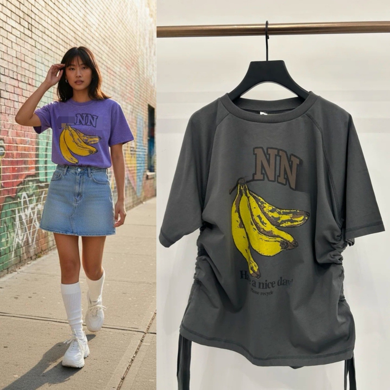 2026 Summer New Niche Designer Letter Banana Print Round Neck Pure Cotton Distressed Loose Short-Sleeved T-Shirt for Women 2026 Summer New Niche Designer Letter Banana Print Round Neck Pure Cotton Distressed Loose Short-Sleeved T-Shirt for Women