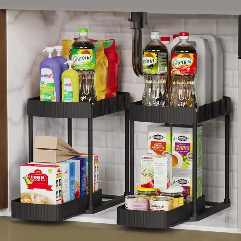 New Pull-Out Punch-Free Double-Layer Storage Rack Multi-Functional Floor-Standing Kitchen Spice Rack Sink Storage Rack Wholesale