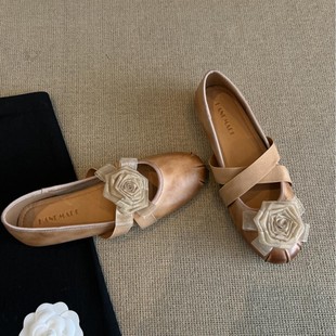 Sheepskin version ~ French retro camellia flower Mary Jane shoes women's 2025 new Joker cross elastic band