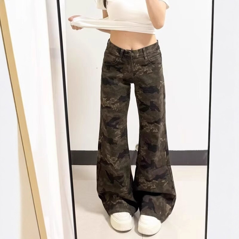 Plus Size American Style Camo Flared Jeans for Women, Summer Low-Rise Slimming Bootcut Pants