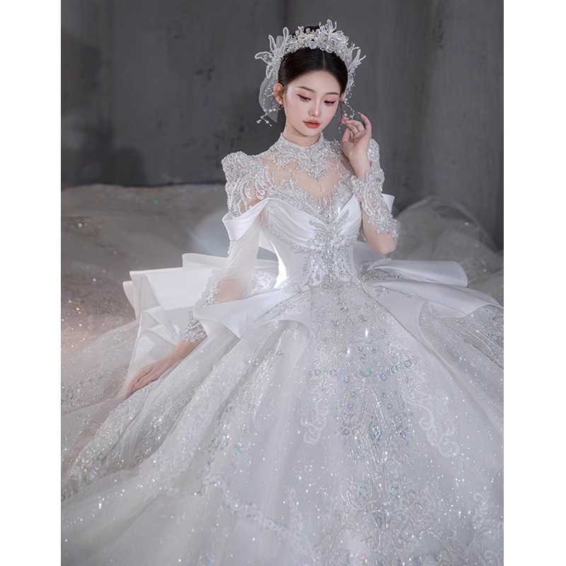 French-Style High-End Wedding Dress 2025 New Model Bride Heavy Luxury Large Train Court-Style Satin Main Gown with Advanced Texture