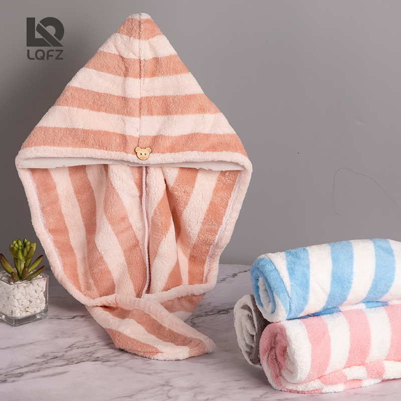 Gorro de secado de pelo a rayas de lana de coral para mujeres engrosada fuerte absorbente de secado rápido pañuelo de pelo Toalla de secado gorro de ducha al por mayor