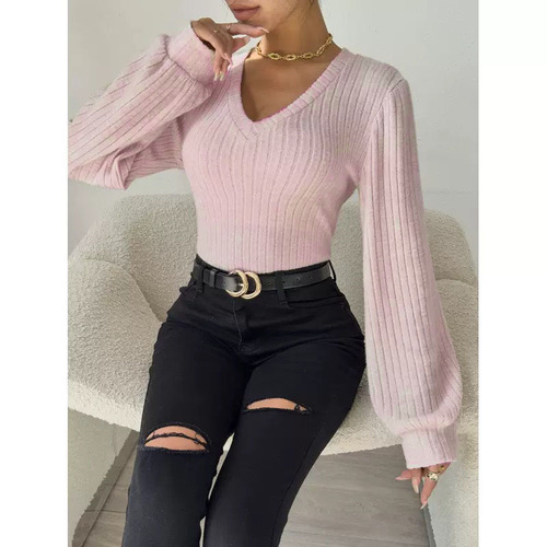 Exclusive Elegant Frayed Pit-Style Lantern Sleeve Long-Sleeve Knit Bodycon Top for Women