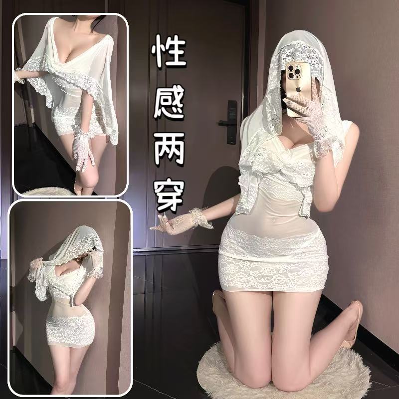 See-Through Lace Maid Costume Mini Dress with Stockings and Gloves, White One Size — detail image 2