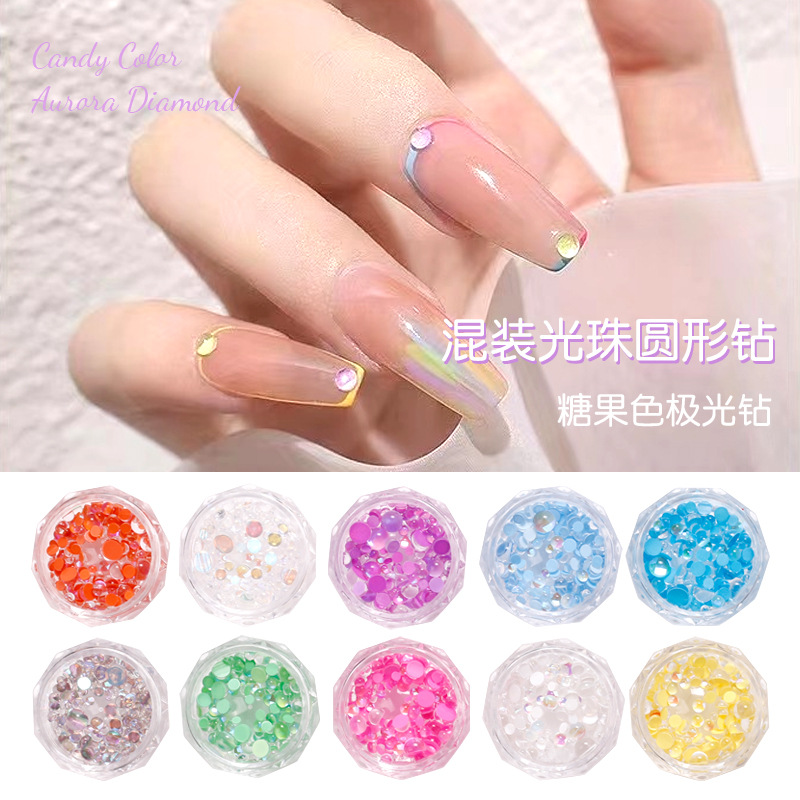 Uña de sirena de color fantasma aurora perforación joyas cristal de color caramelo semicircular mezcla de macarón perforación de uñas