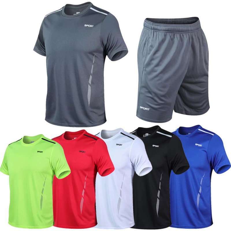 Men's Summer Sports Suit Short-Sleeved Shorts Casual Sportswear Round Neck Quick-Drying Sportswear Side Flap Pocket Pantss M-5Xl