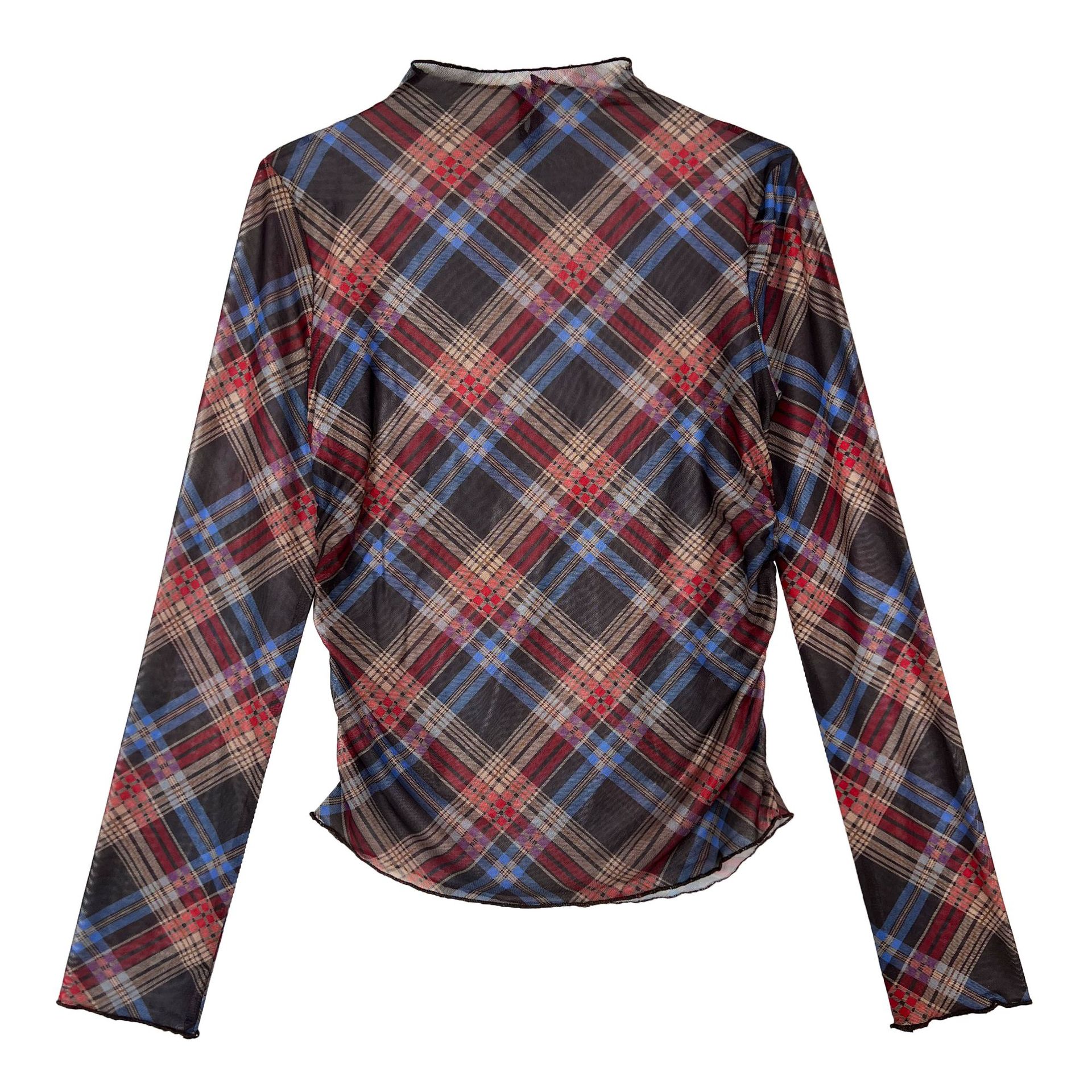 Plaid Mesh T shirt Women Spring Sexy Pleated Waist Tight Slimming Bottoming Top