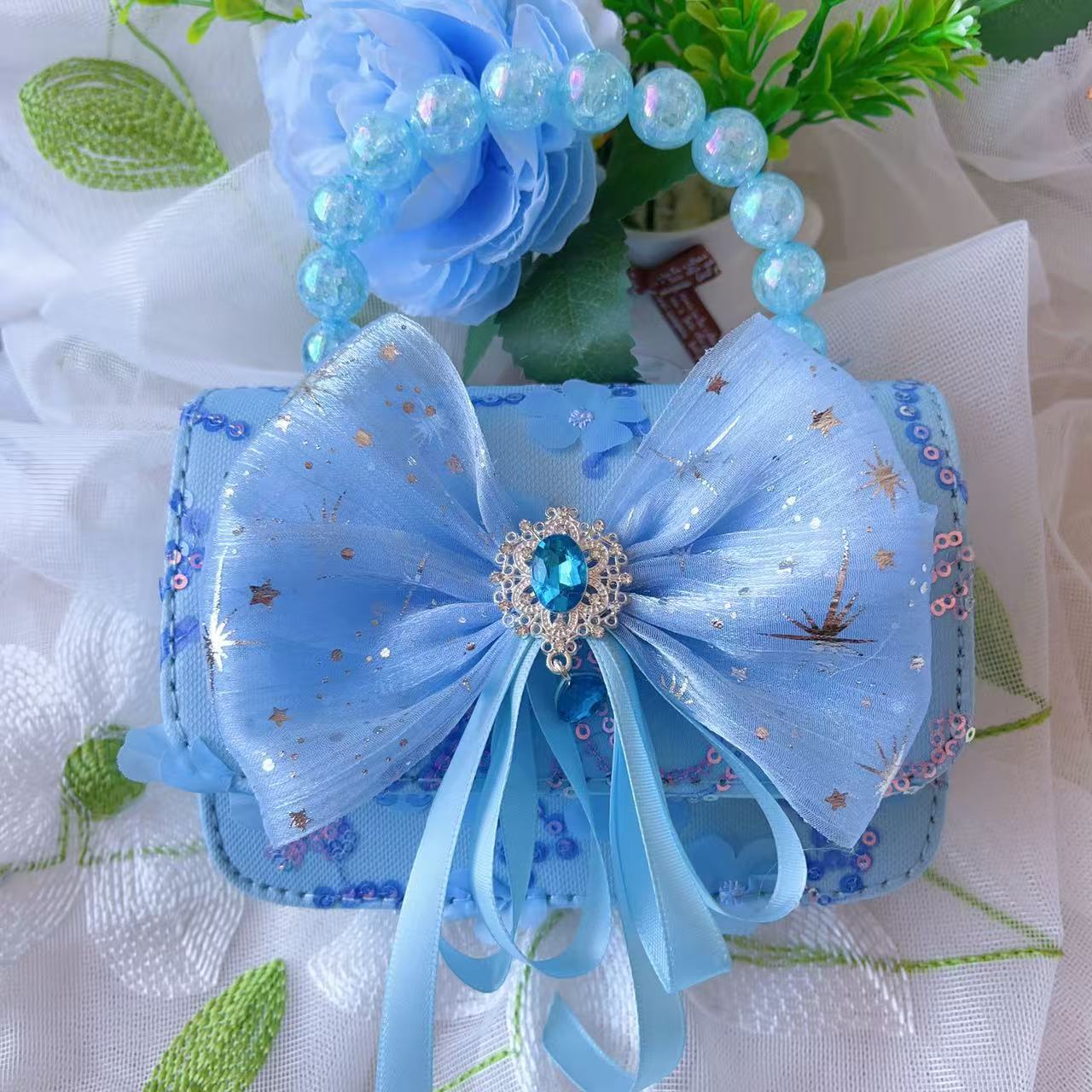 Bolso de lazo para niños Bolso de mensajero de flor de rosa de verano Bolso de princesa portátil de perlas para niñas Monedero de fragancia pequeña