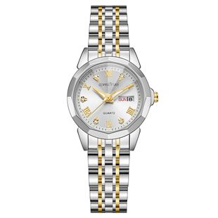 Fashion trend, simple temperament, light luxury, stainless steel dual calendar women's quartz watch, large dial, waterproof dual calendar display