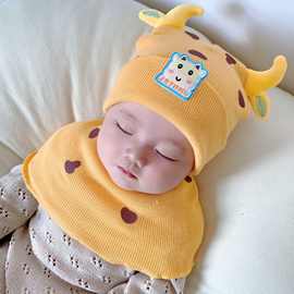 2022婴儿帽子秋冬套装男童韩版保暖女宝宝棉线帽奶牛点点棉线套