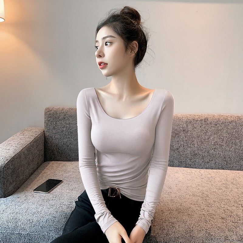 Modal Versatile Trendy Base Shirt for Women, Low-Neck Long-Sleeve Autumn and Winter Inner Wear, Slim Fit, Stylish Double U-Neck Design Top Modal Versatile Trendy Base Shirt for Women, Low-Neck Long-Sleeve Autumn and Winter Inner Wear, Slim Fit, Stylish Double U-Neck Design Top