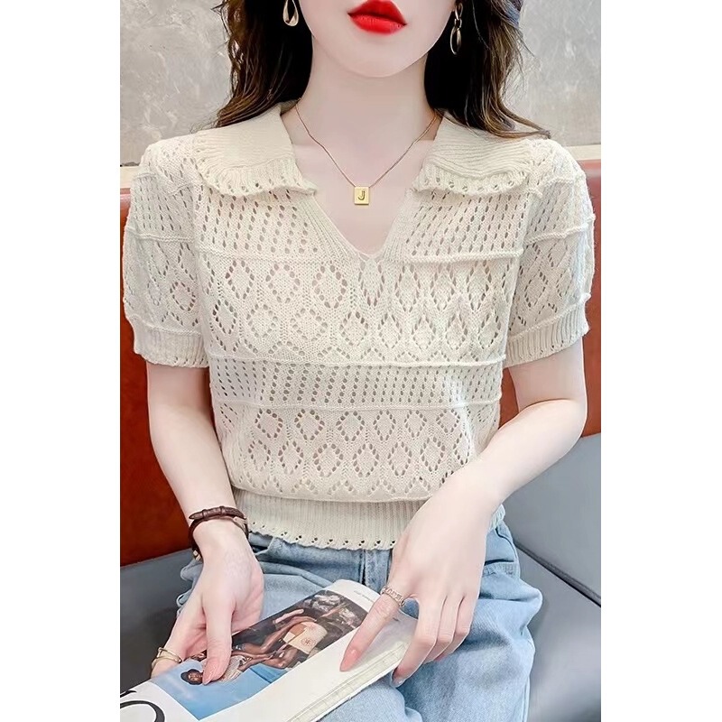 Summer New Style Ice Silk Knitted Short-Sleeve Shirt for Women, Waist-Cinching, Hollow-Out, Thin, Loose Collar, Short Top, Trendy