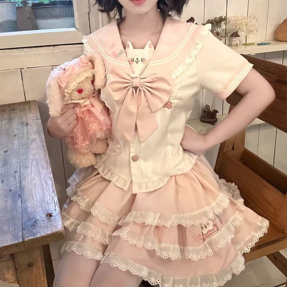 Flower Sugar Imprint Original Uniform [Milk Peach] Japanese Style Slim Waist Sailor Suit College Style Cake Skirt Set