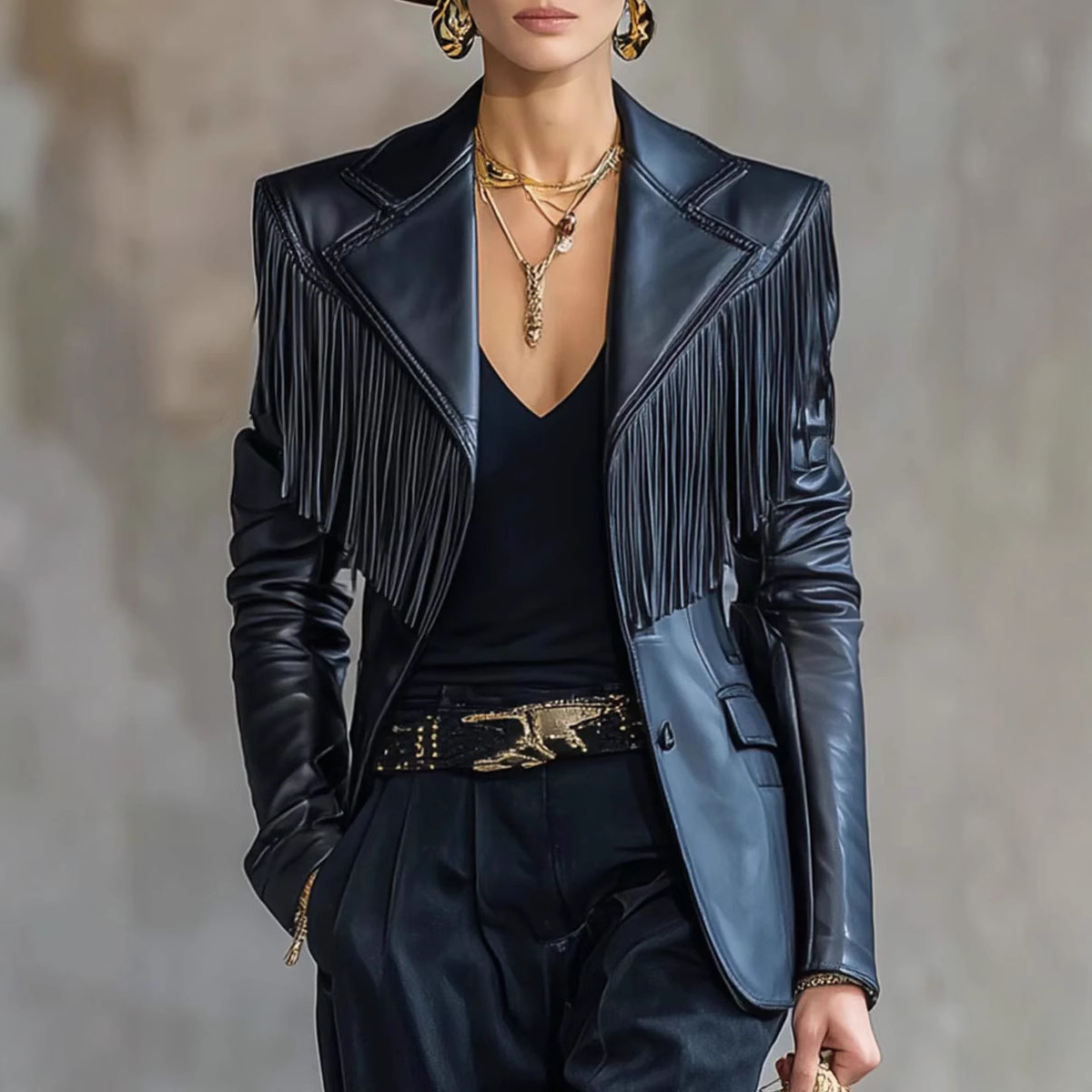 Amazon European and American Women's Pu Leather Jacket Women's Tassel Design High-End Suit Jacket Autum New Cross-Border