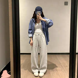 白灰色慵懒风阔腿裤女秋季2026新款高腰宽松直筒休闲裤运动卫裤子