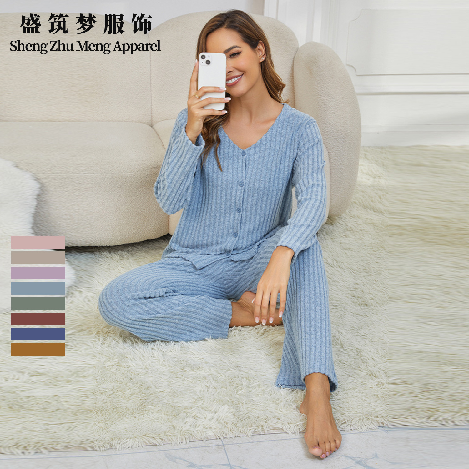 2025 New Cross-Border European and American Women's Long-Sleeved Knitted Brushed Loungewear Spring and Autumn Round Neck Casual Wide-Leg Pants Set