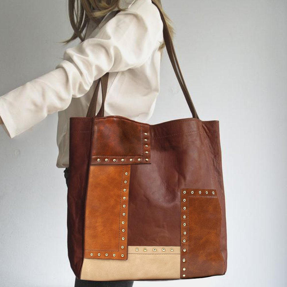 Shoulder Bags for Women 2023 European and American Retro Fashion Rivet Contrast Stitching Large Capacity Tote Bag High-end Women's Bags_voghion.com