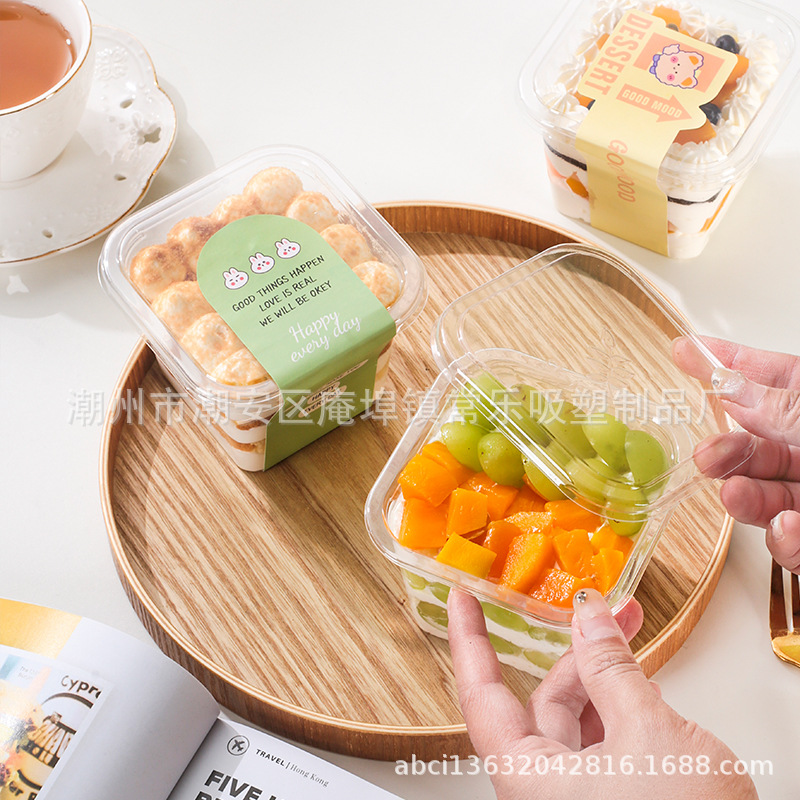 Caja de embalaje de pastel de leche de soja cuadrada mousse, taza de paja de madera tiramisu transparente desechable y gruesa para hornear caja de punto oeste