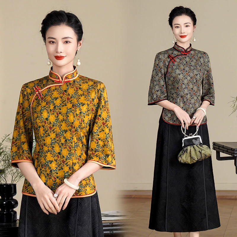 Женщины среднего и пожилого возраста новая улучшенная версия Cheongsam футболка топ 2025 новая женская ретро китайский стиль