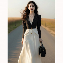 法式气质名媛女神范感奢华正式场合撞色西装连衣裙冬