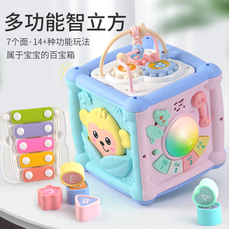 Juguetes para bebés 1-2 años educación temprana educación multifuncional música diversión hexaedro tambor de mano diversión Cubo de sabiduría