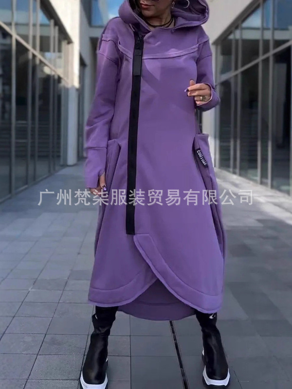 2025秋冬欧美跨境亚马逊百搭纯色长袖卫衣连帽拉链休闲长款连衣裙|undefined