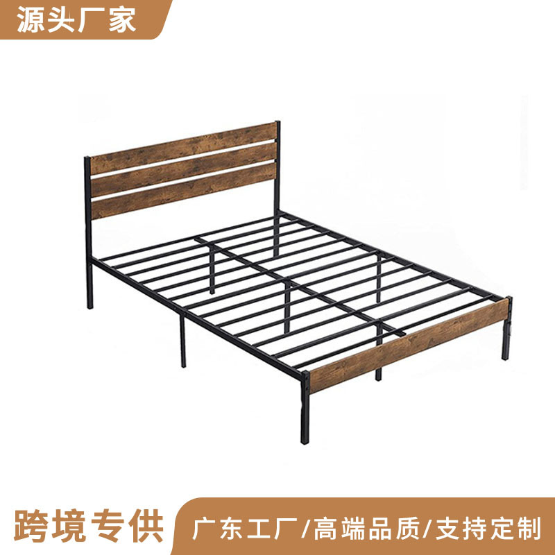 Factory dedicated to country retro wooden bed with headboard simple large iron strip support metal platform bed frame