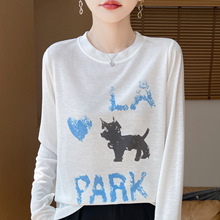 2025年早秋新款精纺圆领针织衫长袖女爱心印花宽松套头打底衫上衣