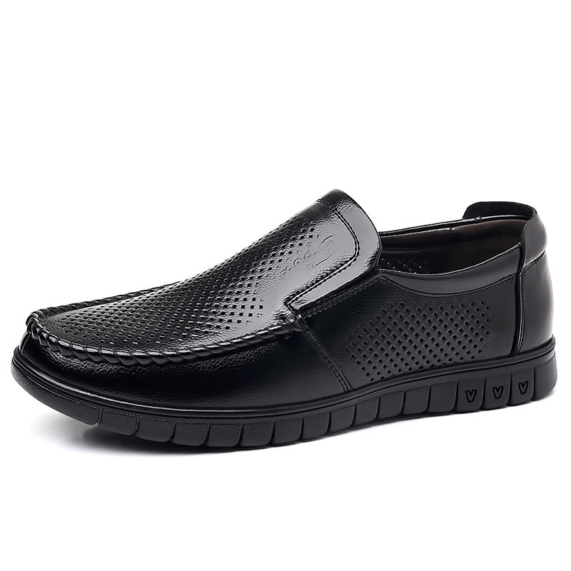 Dép sandal nam da bò thật thoáng khí lỗ rỗng, đế cao 1-3 cm, kiểu mùa hè — nâu, đen