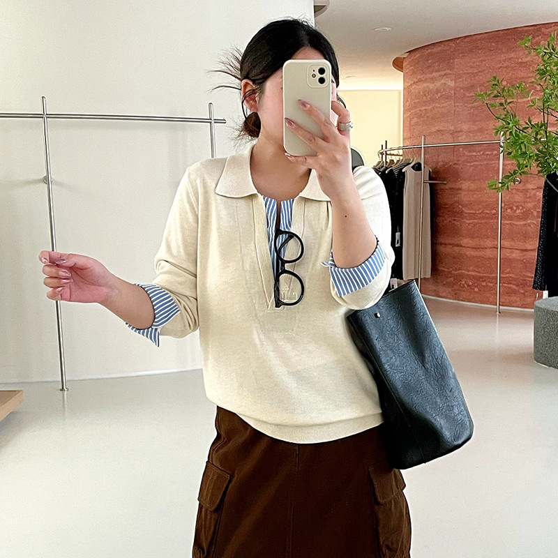 Plus-size polo collar commuter knit top for women, 2026 autumn, plus-size shirt, faux two-piece, casual versatile top 25185