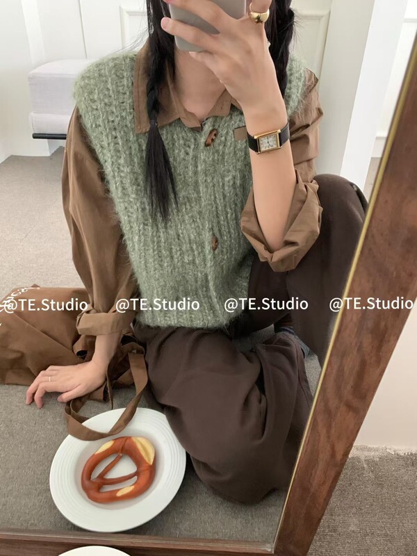复古风宽松休闲上衣减龄针织开衫百搭无袖马甲慵懒风叠穿背心时尚|undefined