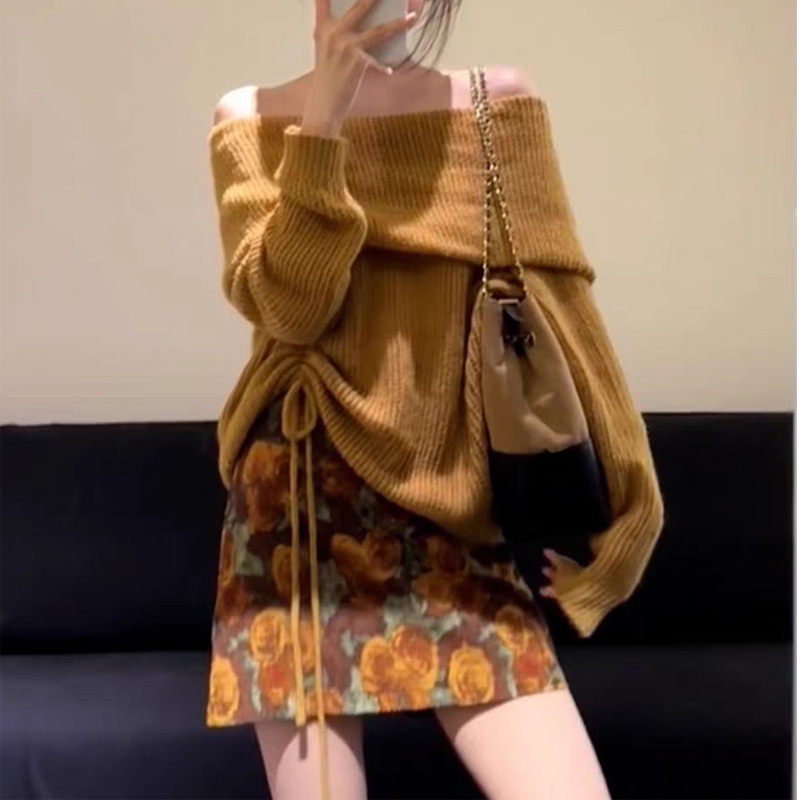 小个子穿搭一整套装2025秋季新款温柔气质露肩针织衫碎花半裙女装|undefined
