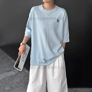 跨境毛衣T恤欧美外贸新品刺绣女装宽松版中袖百搭休闲极简风女装