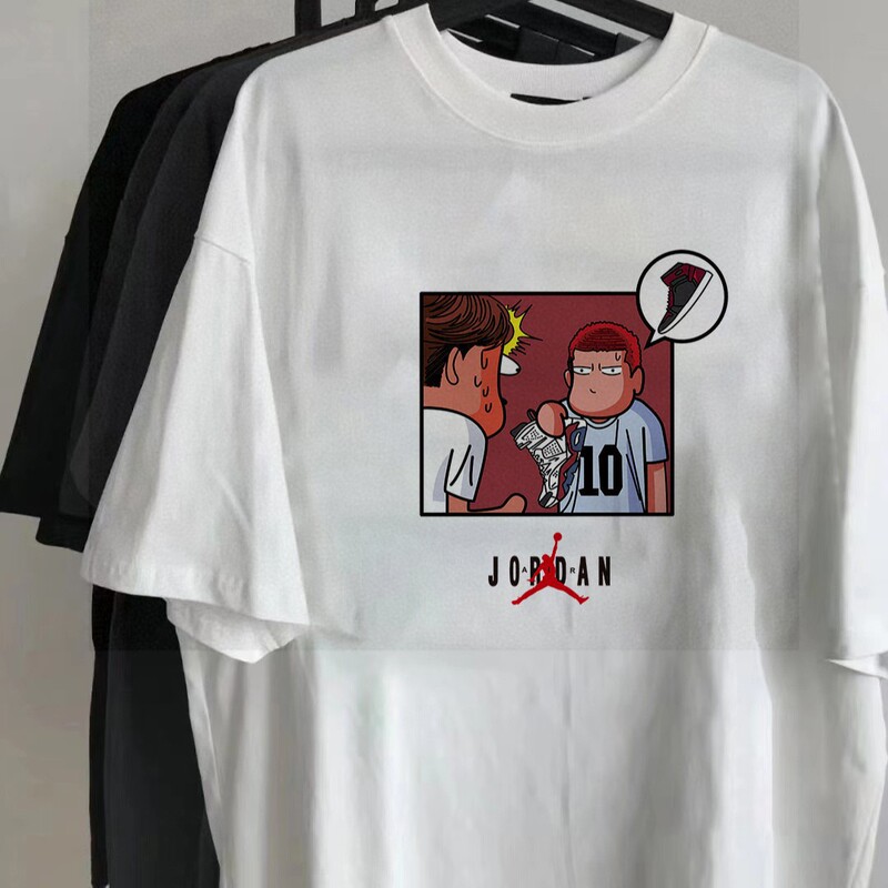 26 Spring/Summer New Jordan Aj Men's Basic Short Sleeve T-Shirt with Jumping Man Lettering Cartoon Slam Dunk Casual Loose Fit T-Shirt