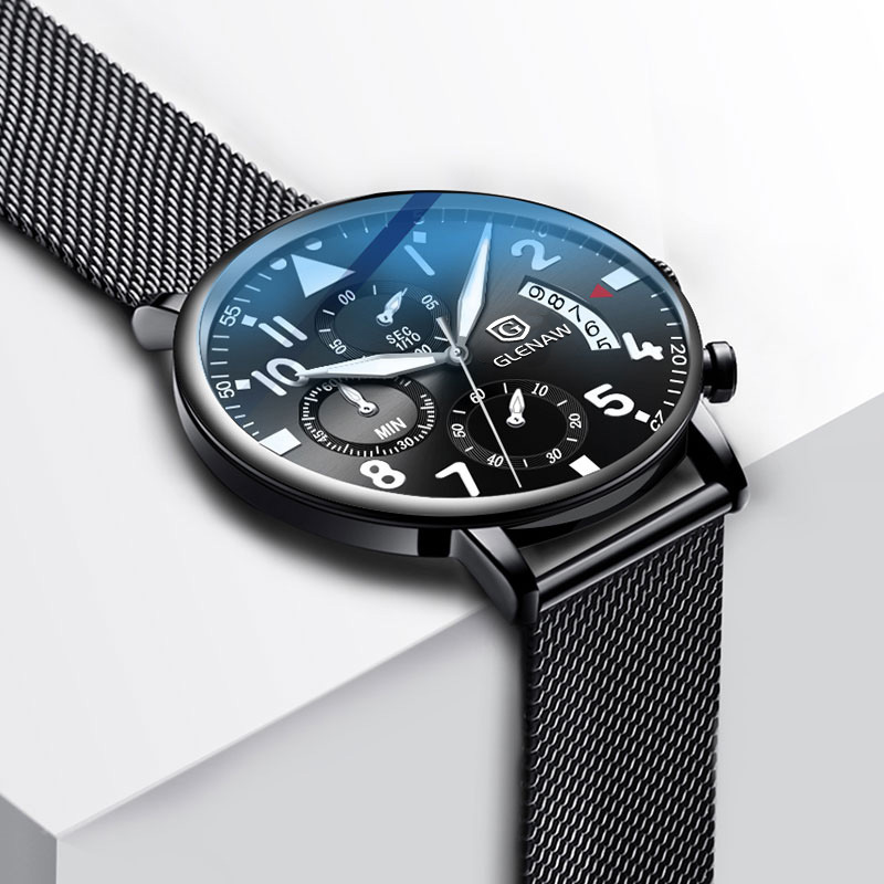 Đồng hồ nam quartz mặt tròn dây da chống nước — Vỏ đen mặt đen Thắt lưng đen, Vỏ đen mặt đen đai lưới đen, Thắt lưng đen mặt đen vỏ vàng, Vỏ vàng mặt đen đai lưới đen