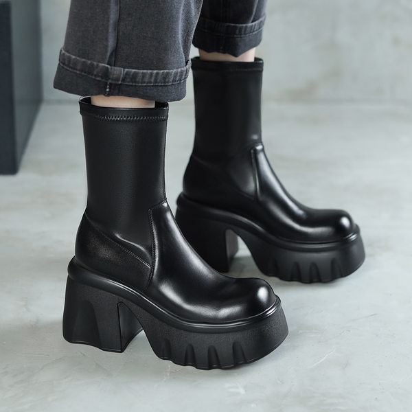 Boot nữ cổ thấp cao gót 10cm da thật đế dày tăng chiều cao mùa thu đông — Lớp lót bằng da bò, Lớp lót bằng da sáng chế