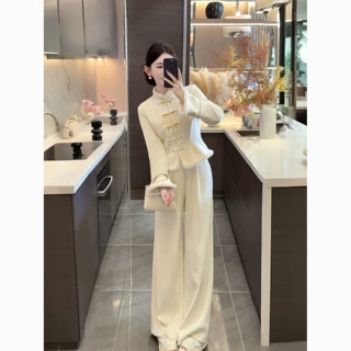 加厚阔腿刺绣新款套装女秋冬收腰直筒裤新中式国风加绒盘扣上衣