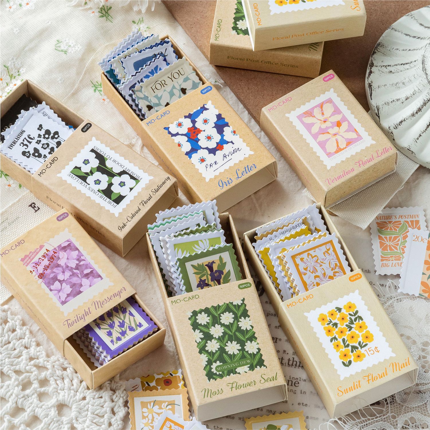 Momo Matchbox Stamp Stickers Floral Post Office Series Vintage Coated Paper Embossed Relief Journal Material Stickers