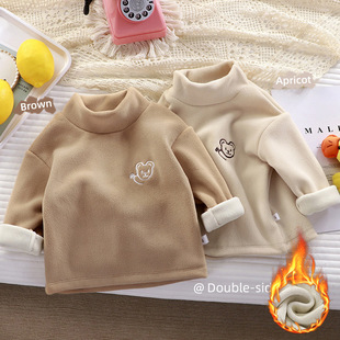 Children's Fleece-lined Thickened Base Shirt Autumn and Winter Baby's Half-high Collar Inner Warm Embroidered Bear Sweater for Boys and Girls