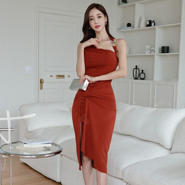 Cross-border women's clothing 2022 summer new products sexy temperament halter neck slanted collar design irregular dress dress