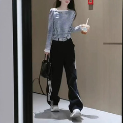 25101大愛美依縁2025春の新型洋気縞長袖tシャツカジュアルゆるい衛ズボンファッション女