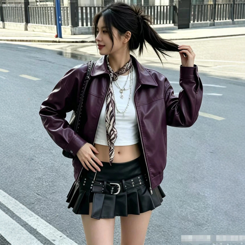 2026 Women's Motorcycle Leather Jacket Regular Style Plus Size Coat Women's Leather Clothing New American Style Red Retro Chic 2026 Women's Motorcycle Leather Jacket Regular Style Plus Size Coat Women's Leather Clothing New American Style Red Retro Chic