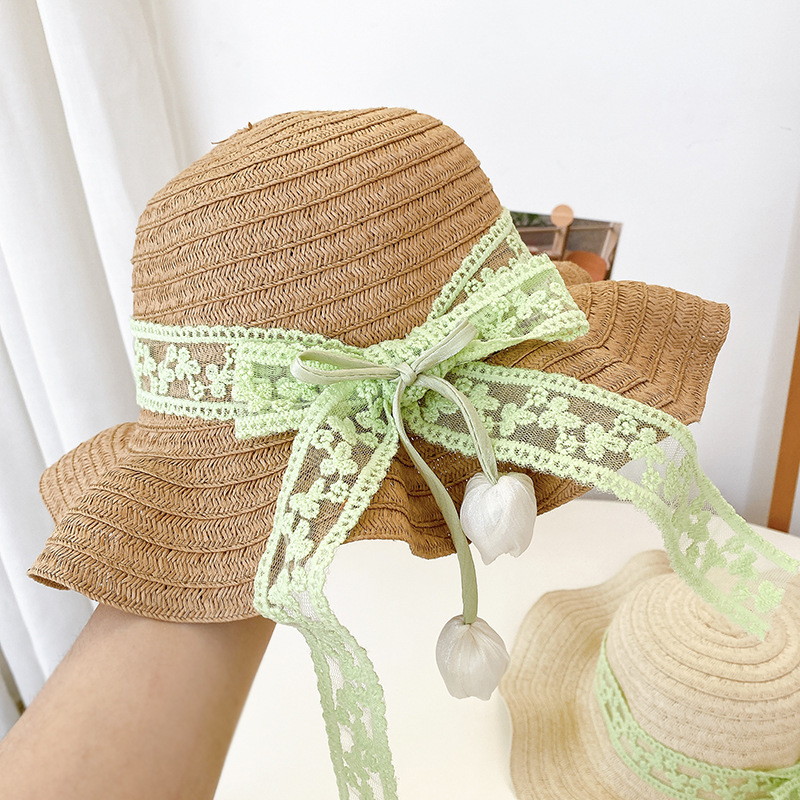 Nicho popular estilo coreano tulipán arco de papilla para niñas sombrero de paja paquete de bolsas pequeñas frescas dulces gorras de protección solar